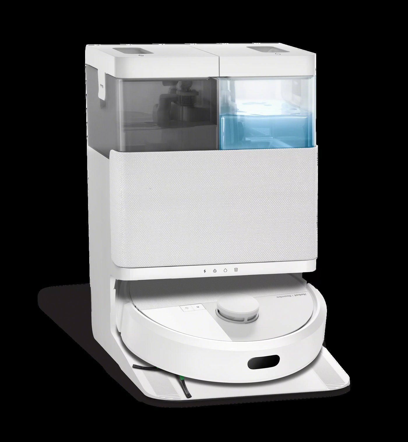 Official iRobot photograph of the white Roomba Plus 405 Combo docked in the AutoWash base.