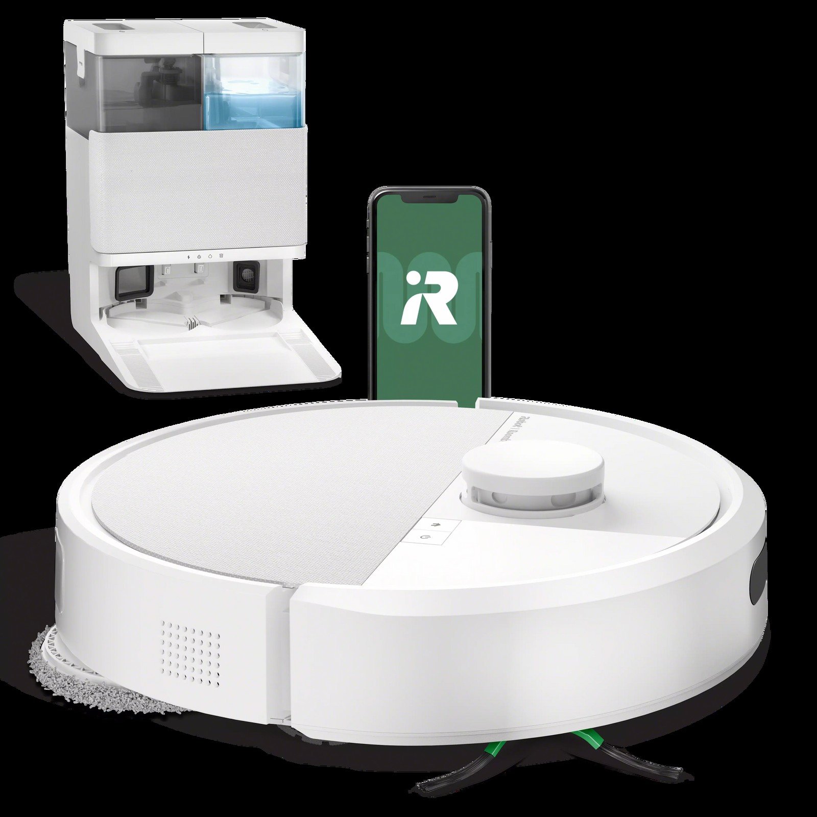 Official iRobot packshot of the white Roomba Plus 405 Combo robot, AutoWash dock and Roomba Home app on a phone.